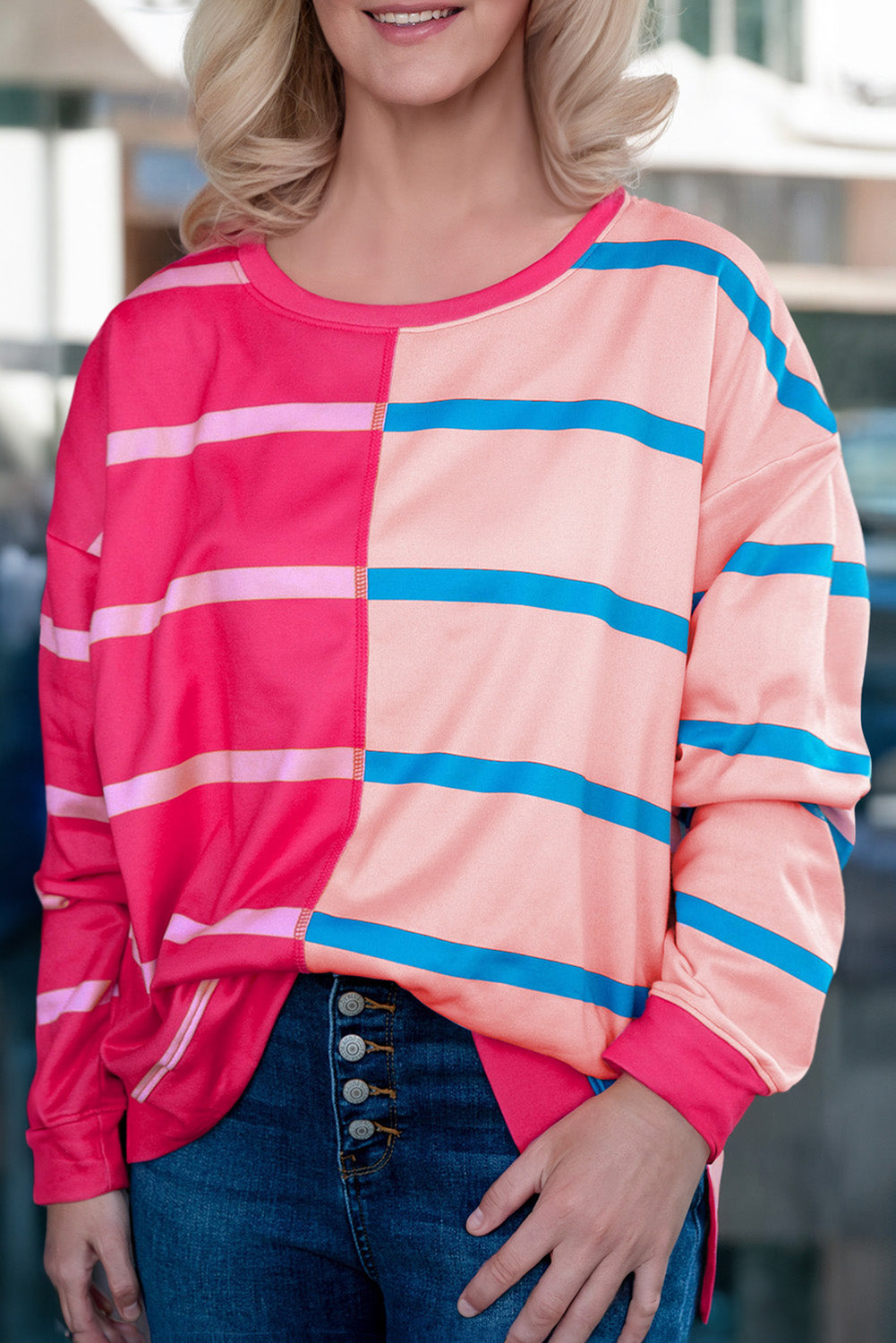 Chic rose stripe color block long sleeve plus size tee