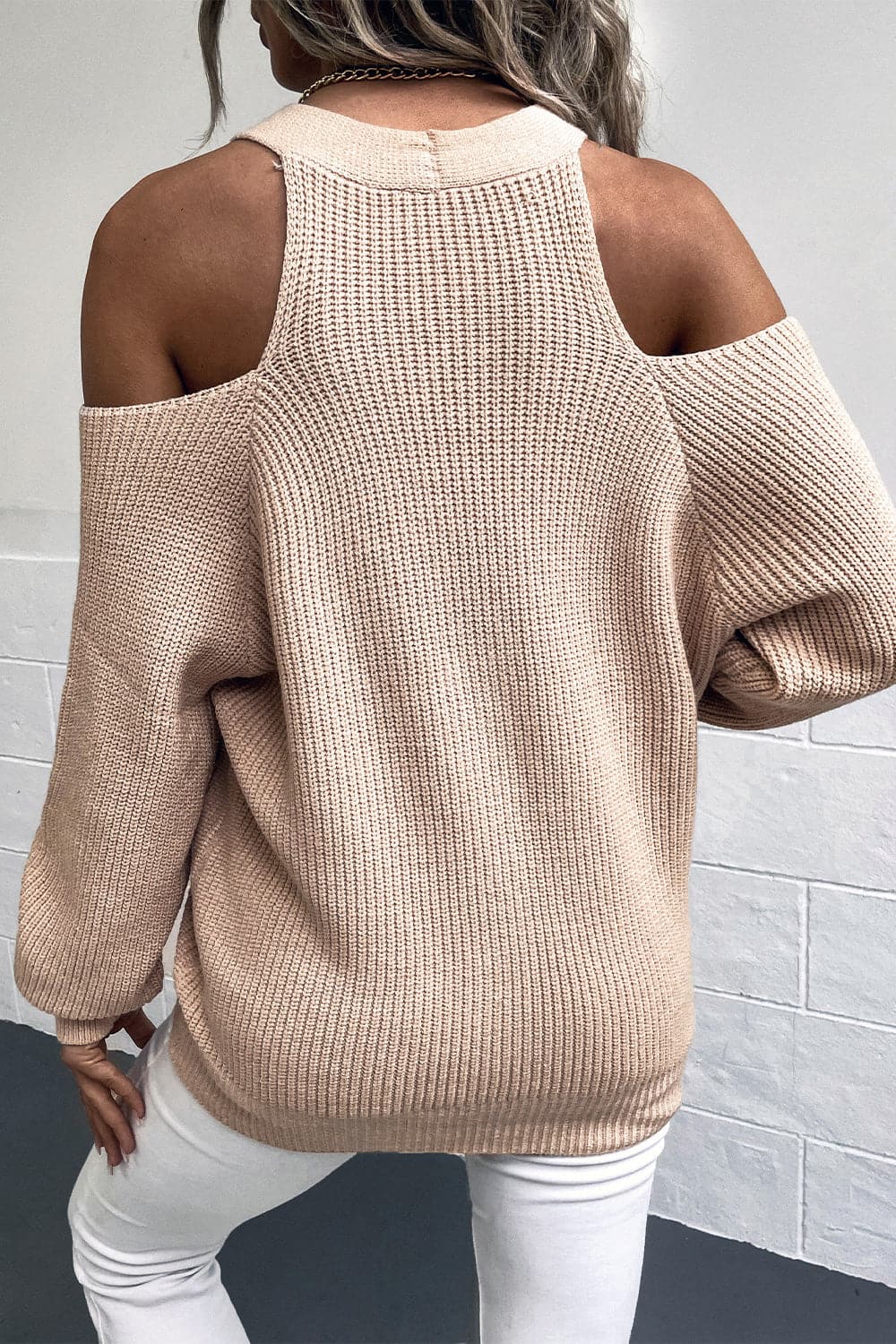 Cold Shoulder Plunge Neck Ribbed Cardigan.