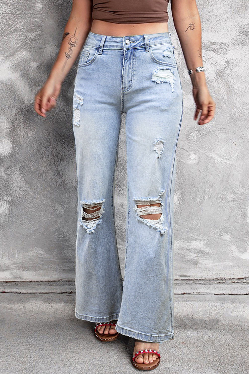 Beau Blue retro light wash distressed flare jeans