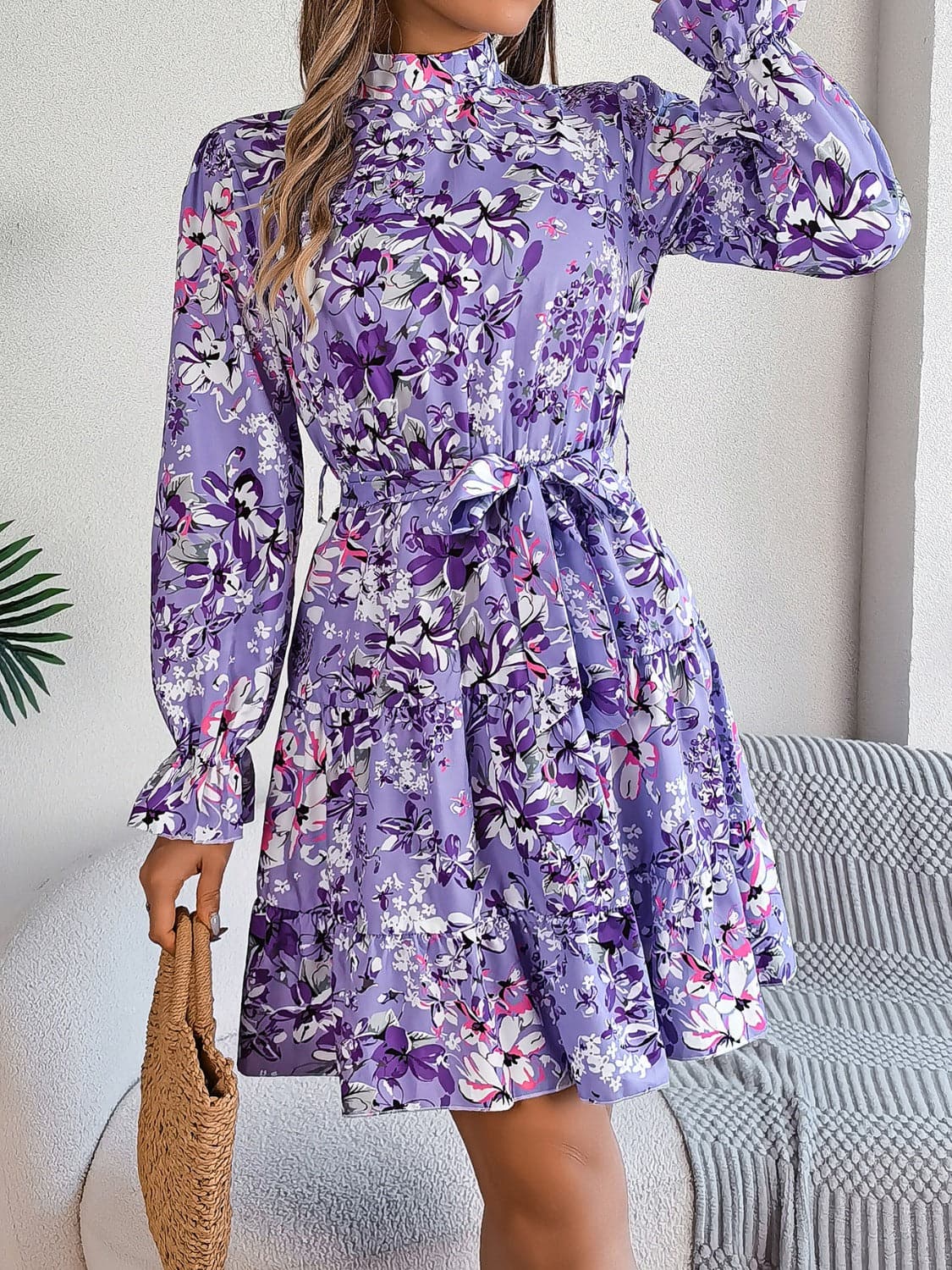 Printed Mock Neck Flounce Sleeve Mini Dress.