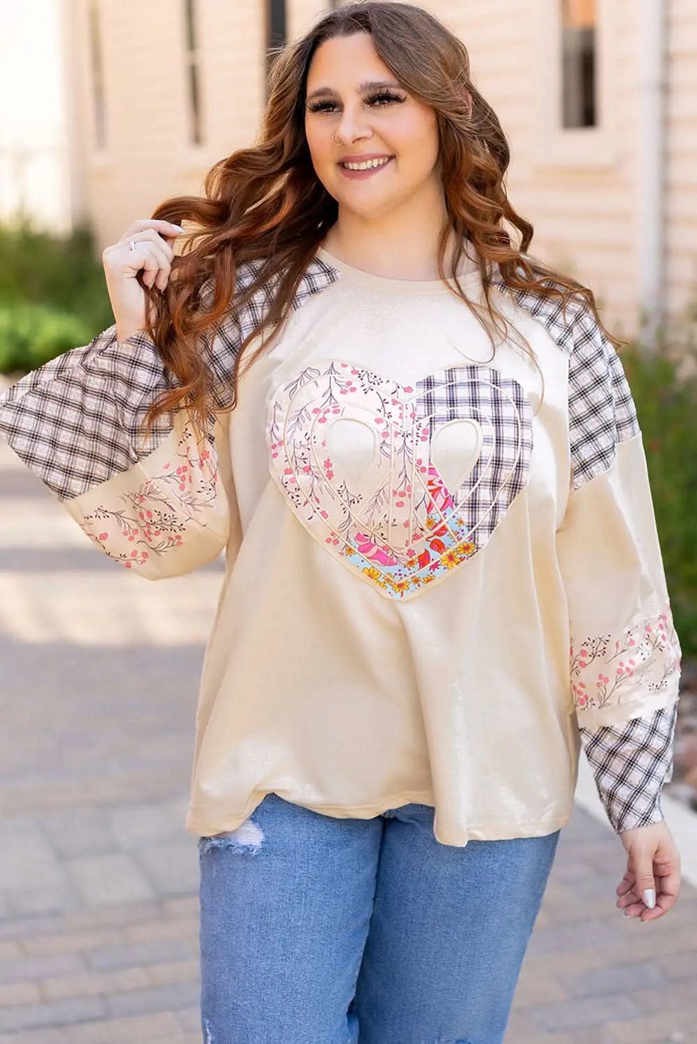 Beige Plaid Floral Peace Heart Graphic Wide Long Sleeve Top - Love Salve 