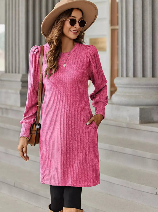 Ribbed Knit Puff Sleeve Casual Mini Dress Simply Love