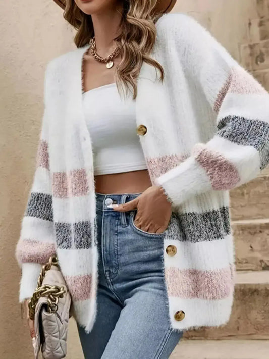 Striped Fuzzy Knit Cardigan Button Up For Women Oversized Simply Love