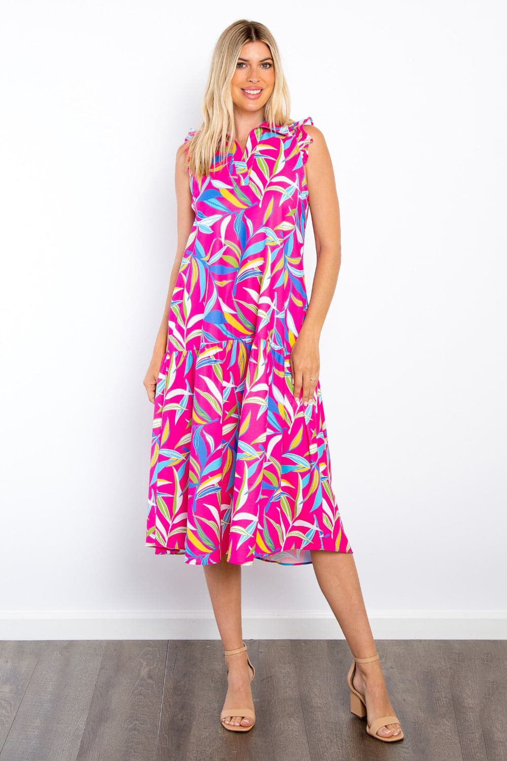 Be Stage Print Ruffled Midi Dress with Pockets.