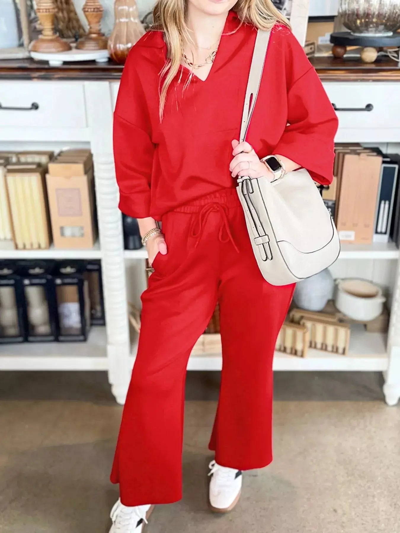 Polo Collar V Neck 3/4 Sleeve Pullover Drawstring Bell Bottom Pants 2pcs Set Simply Love