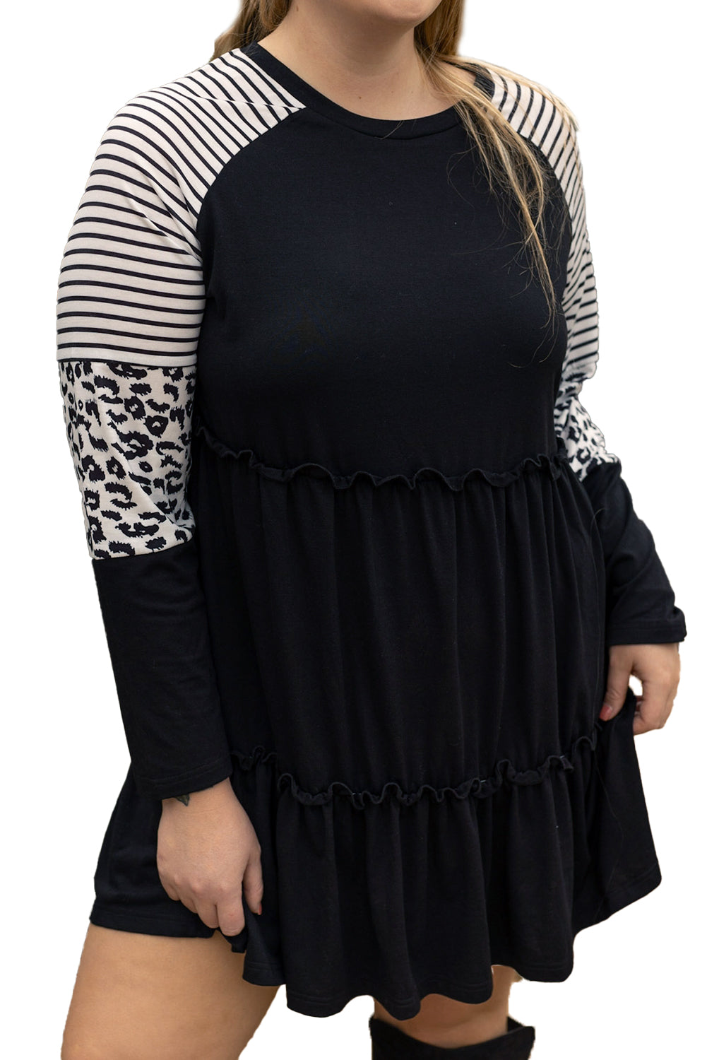 Chic black plus size ruffled dress with leopard and striped sleeves