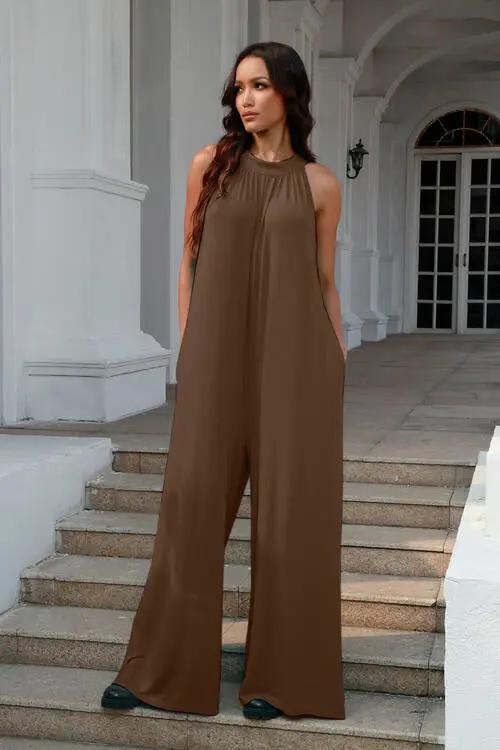 Double Take Full Size Tie Back Cutout Sleeveless Jumpsuit - Love Salve