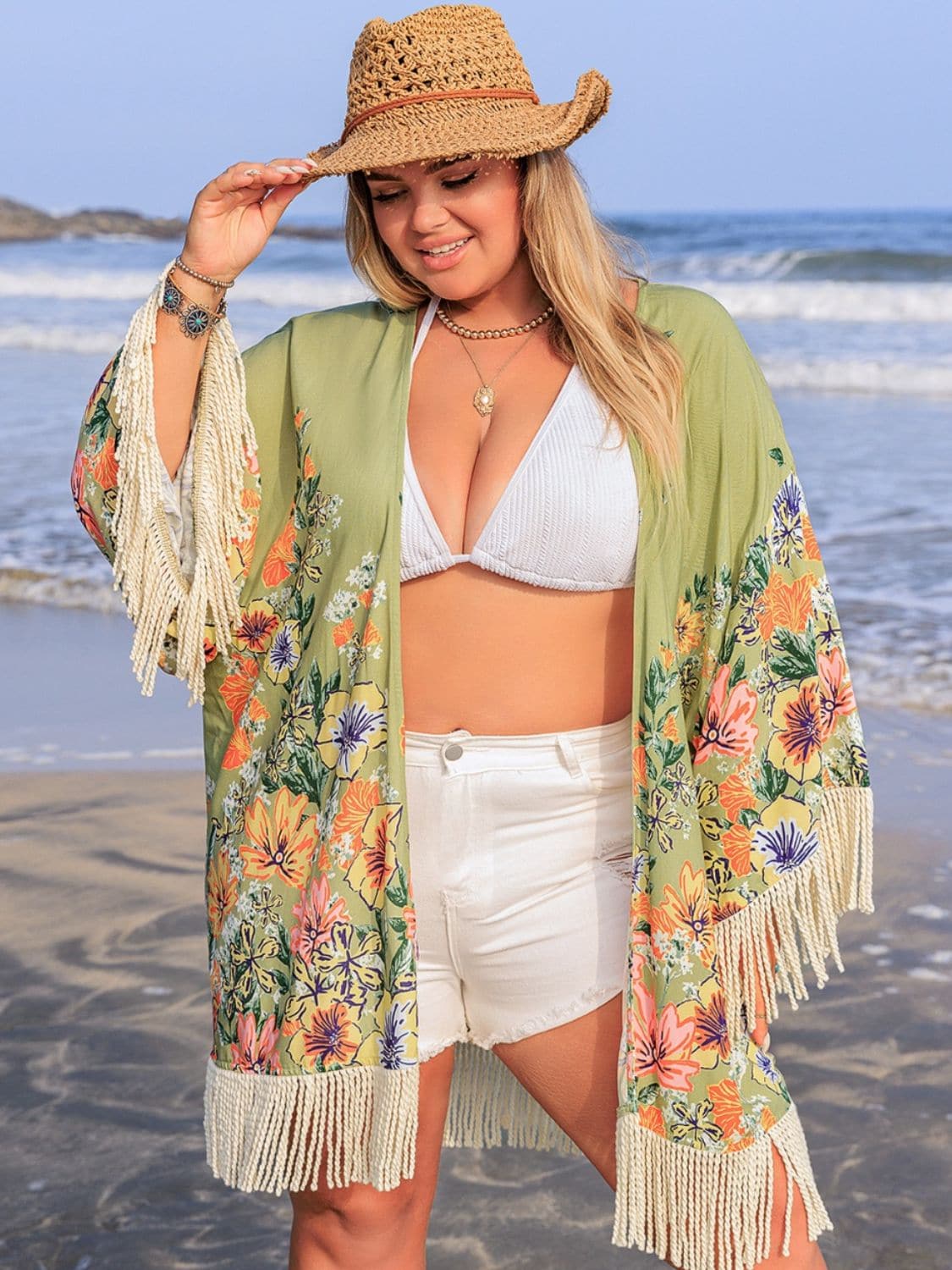 Plus Size Fringe Open Front Cover-Up.