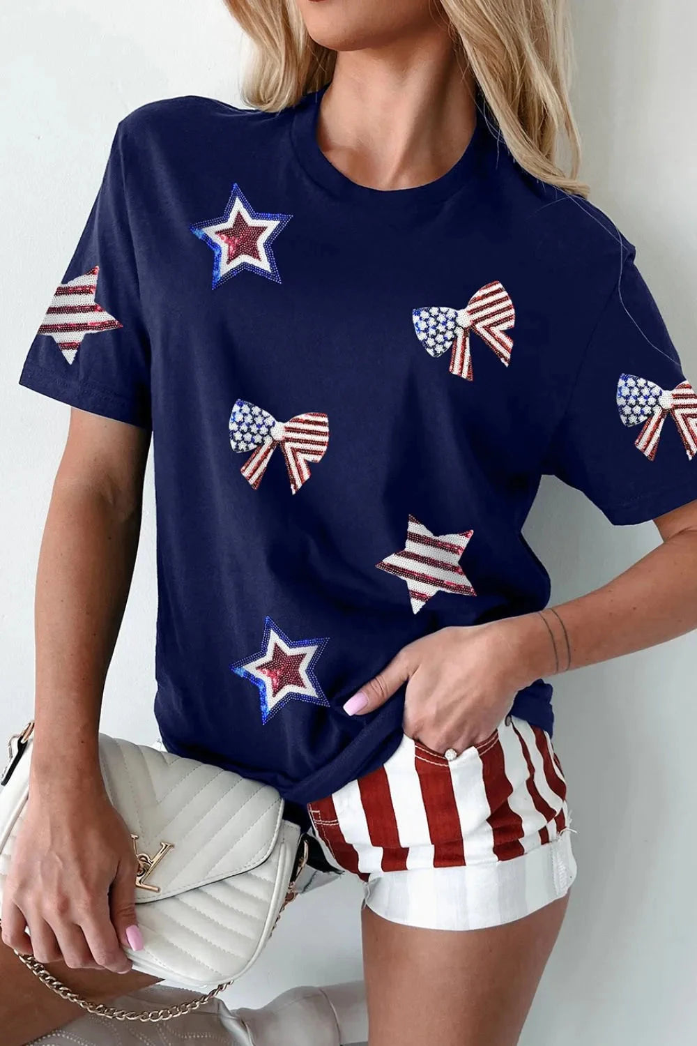 Sequin Star Round Neck Short Sleeve T-Shirt Simply Love