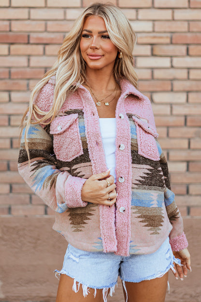 Cozy pink Aztec print sherpa coat with flap pockets