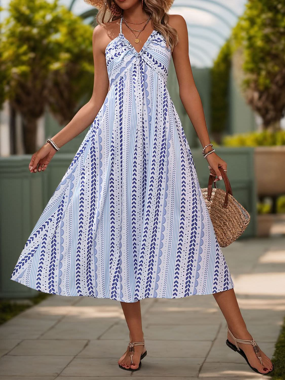 Perfee Tied Printed Halter Neck Midi Dress