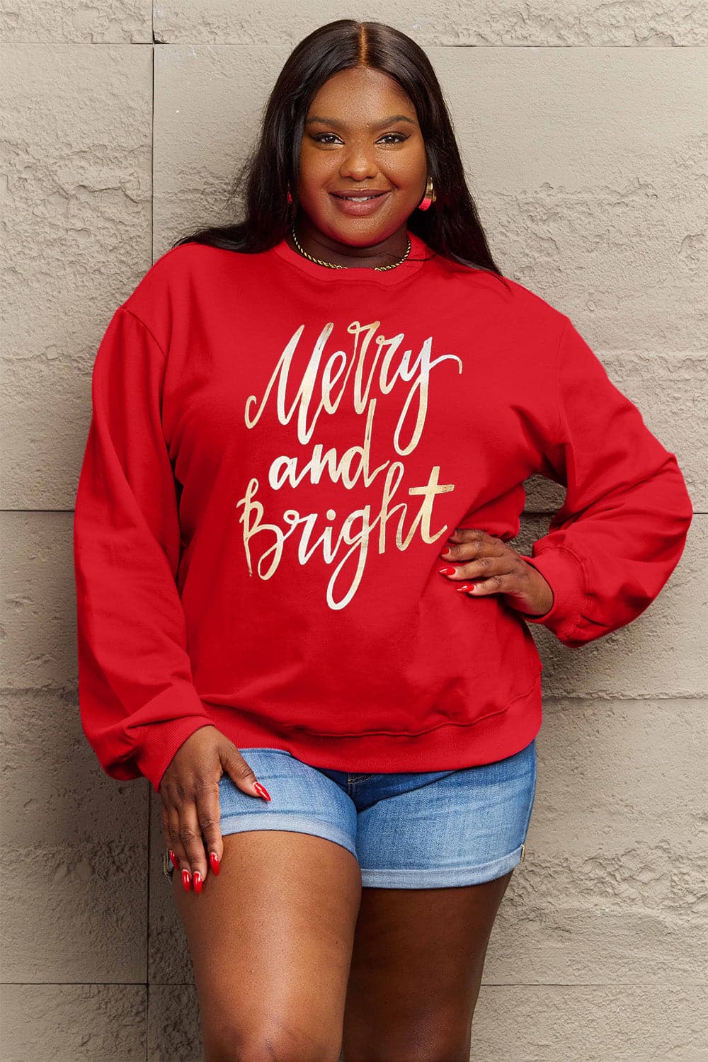 Simply Love Full Size MERRY AND BRIGHT Graphic Sweatshirt.