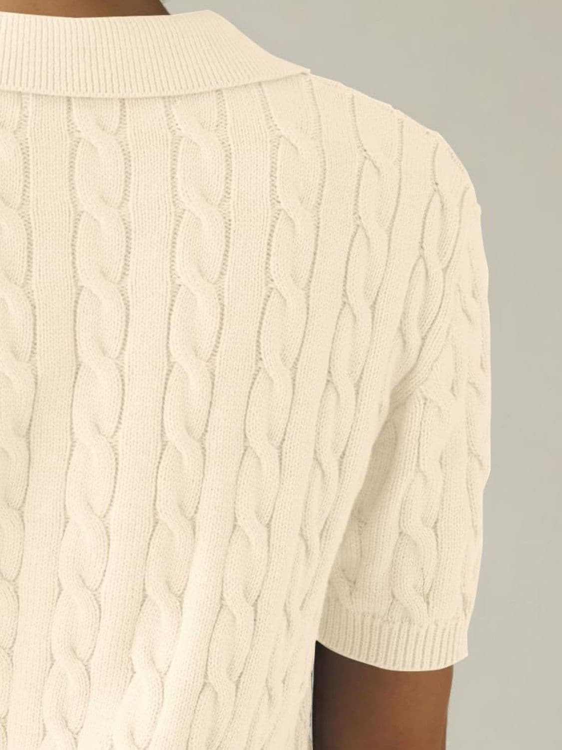 Cable-Knit Collared Neck Half Sleeve Sweater.