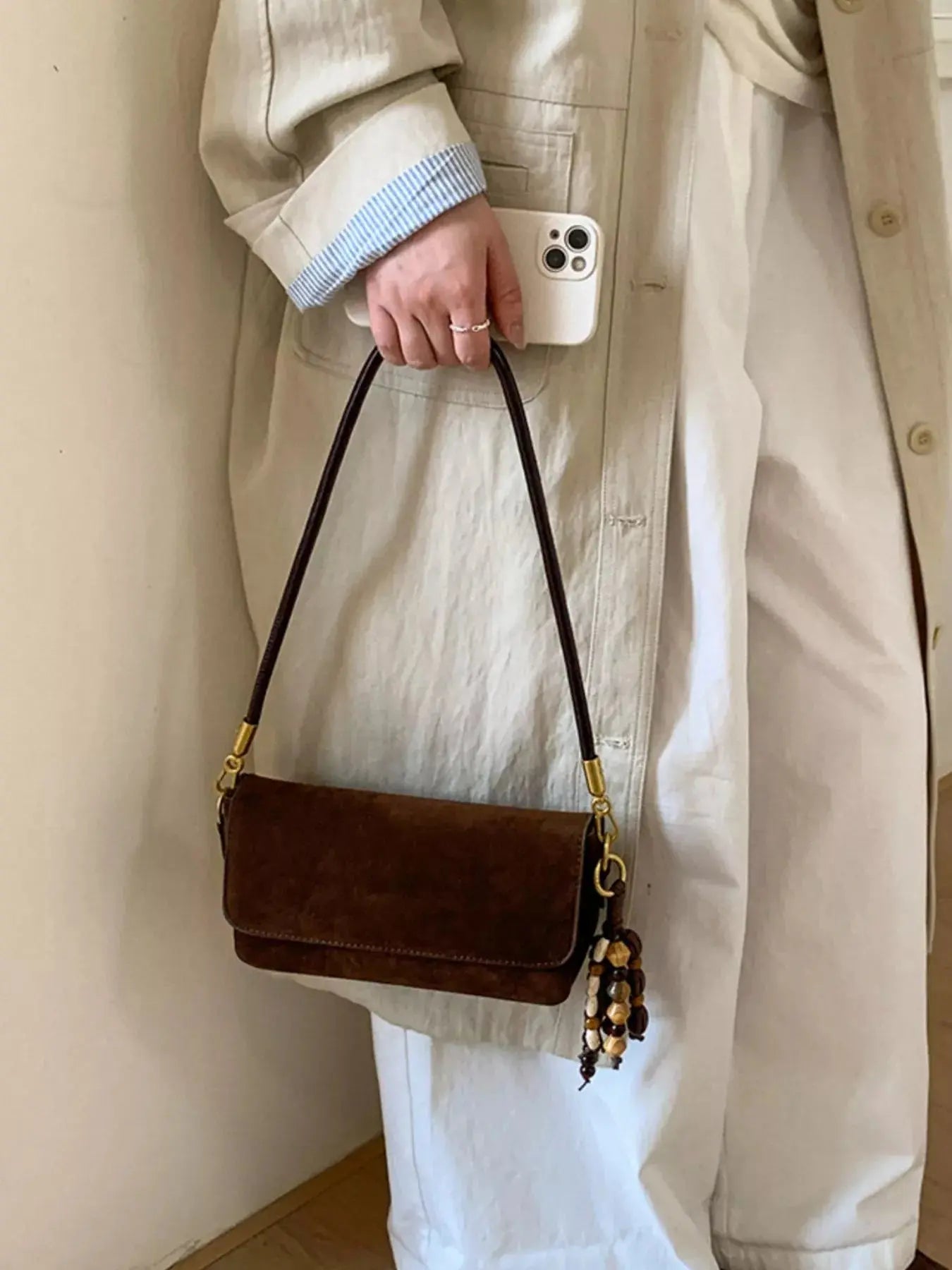 Brown Suede Small Flap Shoulder Bag With Adjustable Strap Simply Love