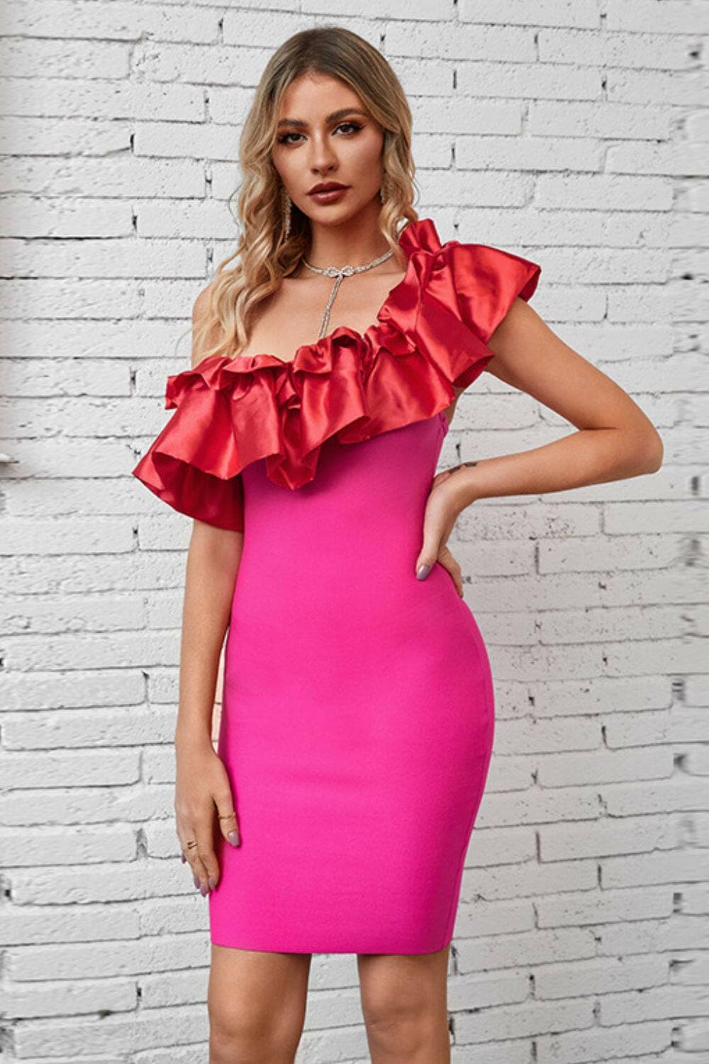 Ruffled One-Shoulder Bodycon Dress.