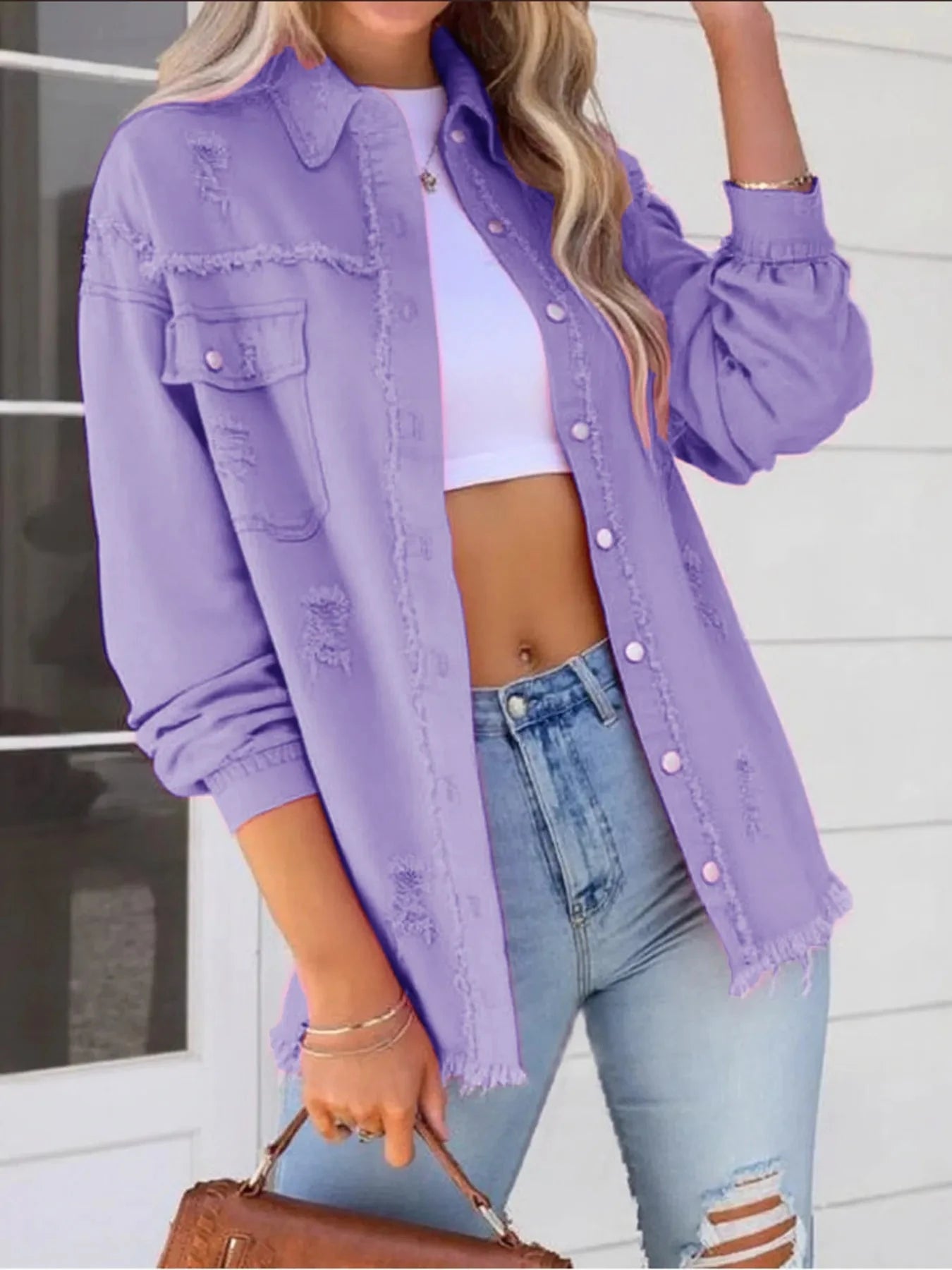 Distressed Denim Jacket with Frayed Edges Coco’s Tee Boutique