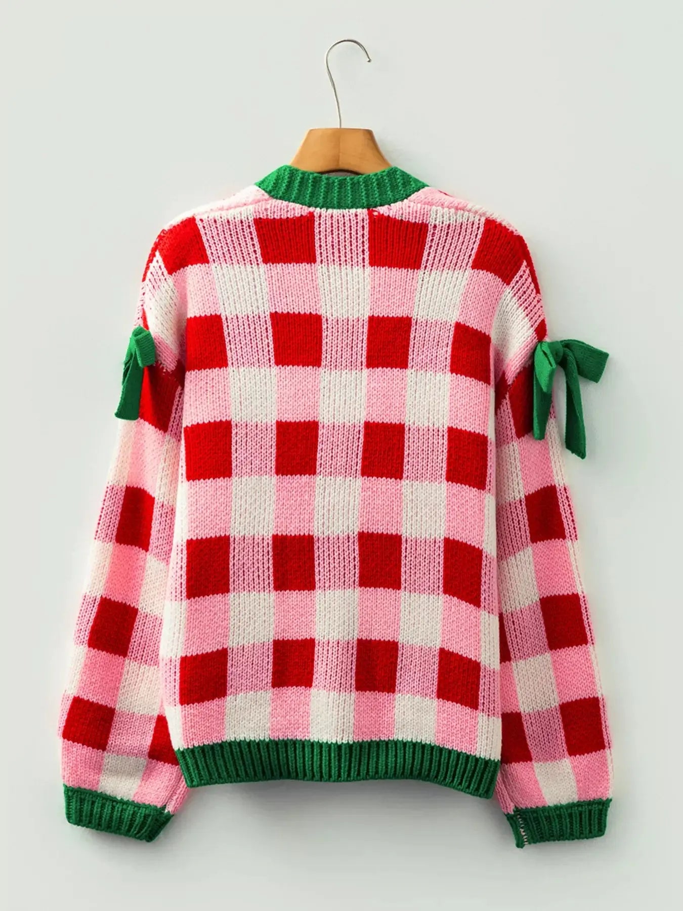 Checkered Bow Tie Sleeve Knit Christmas Cardigan With Green Trim Simply Love
