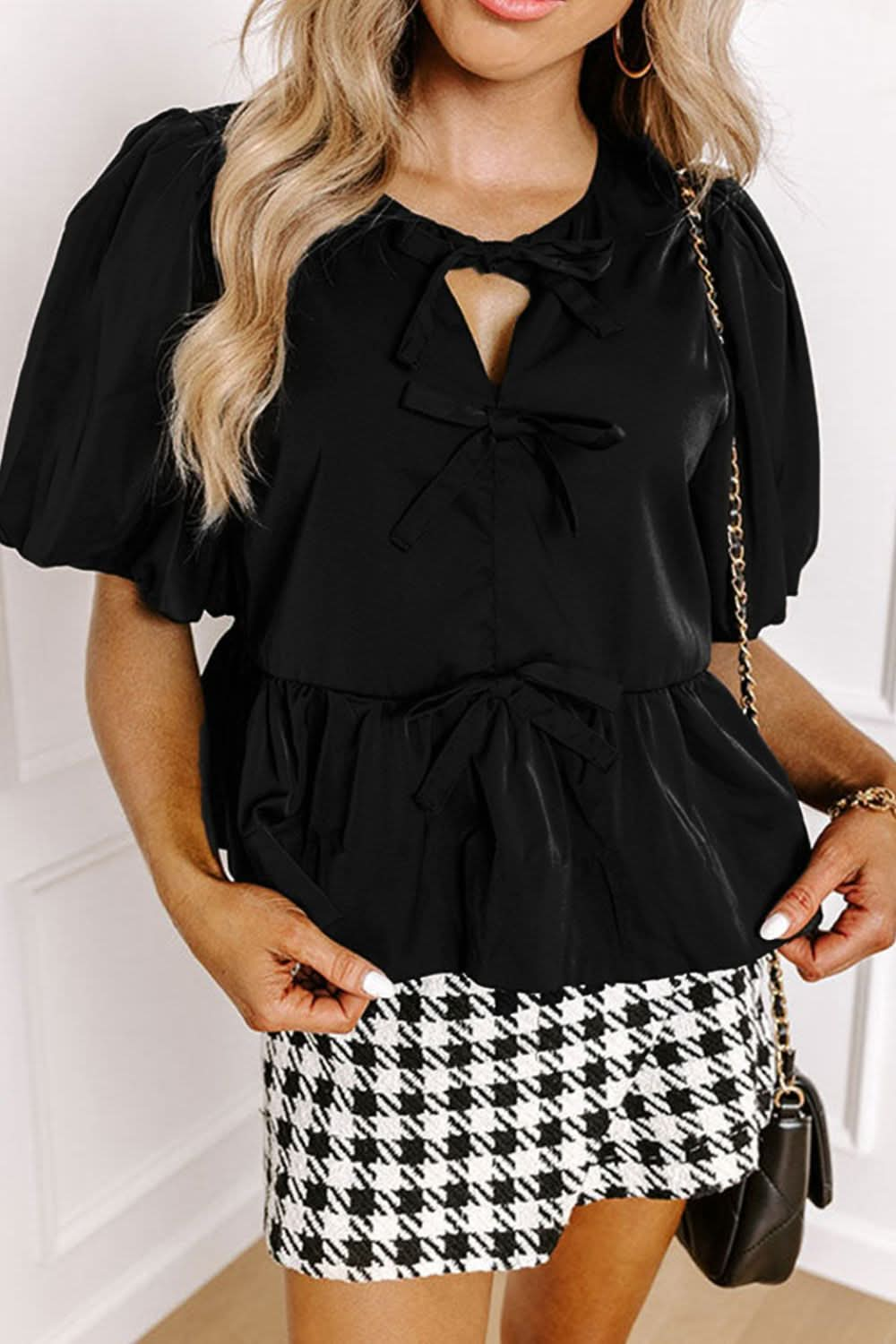 Chic Cutout Puff Sleeve Blouse with Round Neck