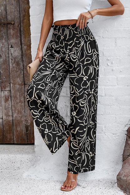 Smocked Printed Wide Leg Pants with Pockets.