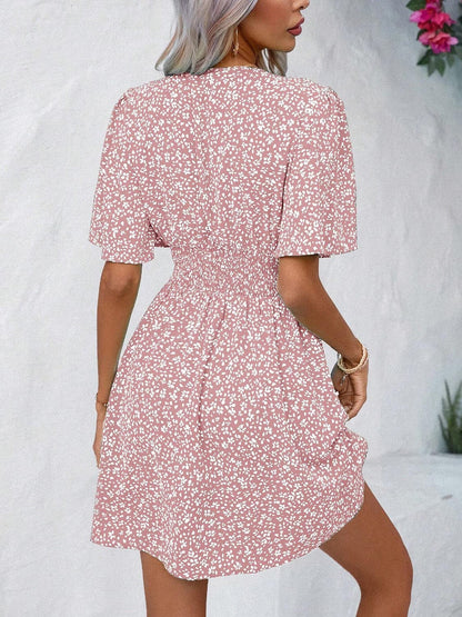 Printed V-Neck Half Sleeve Mini Dress.