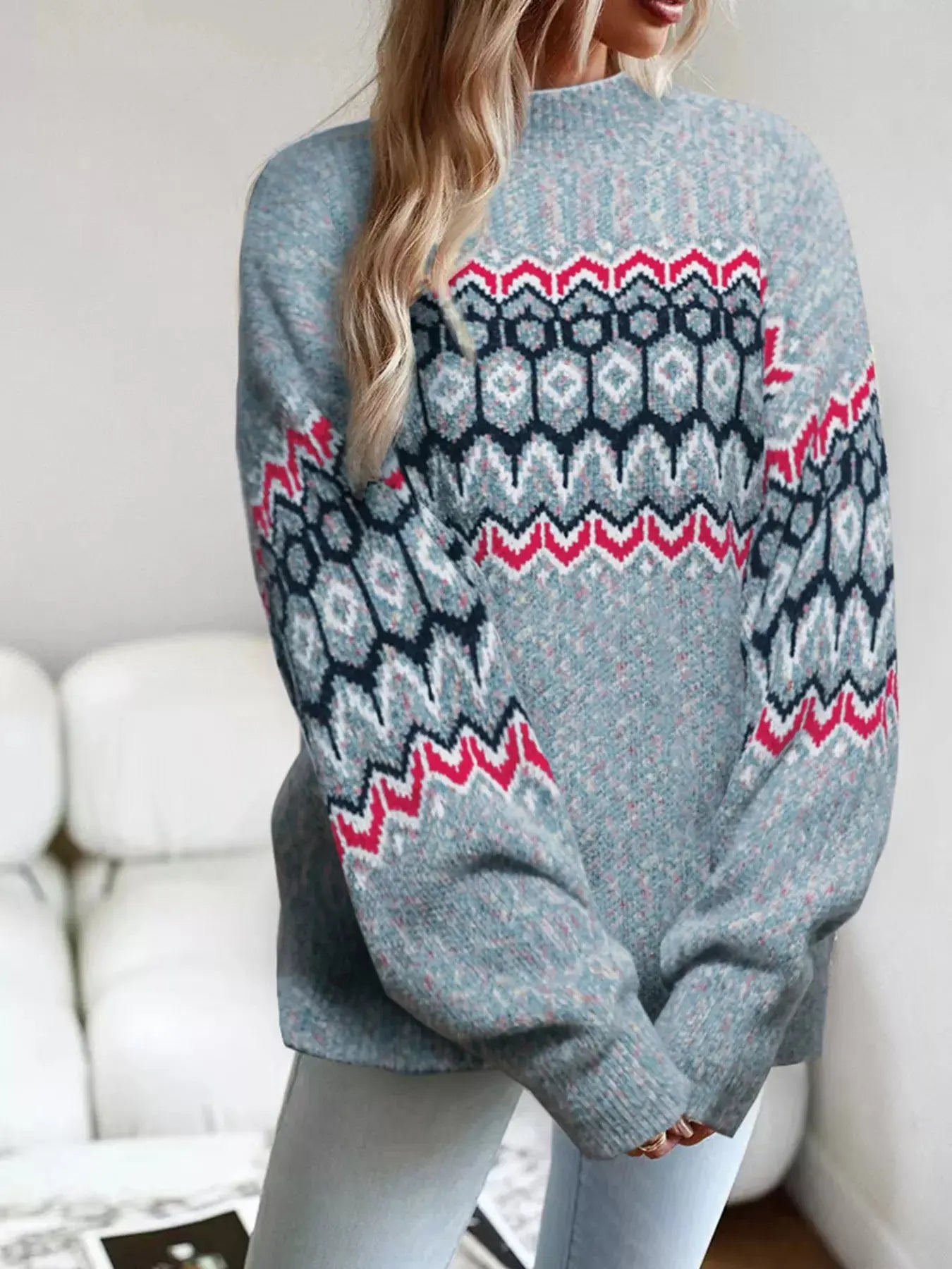 Blue Geometric Pattern Knit Sweater For Women With Relaxed Fit Long Sleeve Simply Love