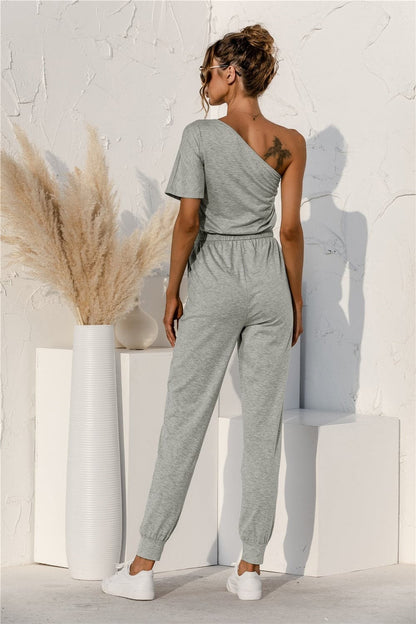 Single Shoulder Short Sleeve Jumpsuit.