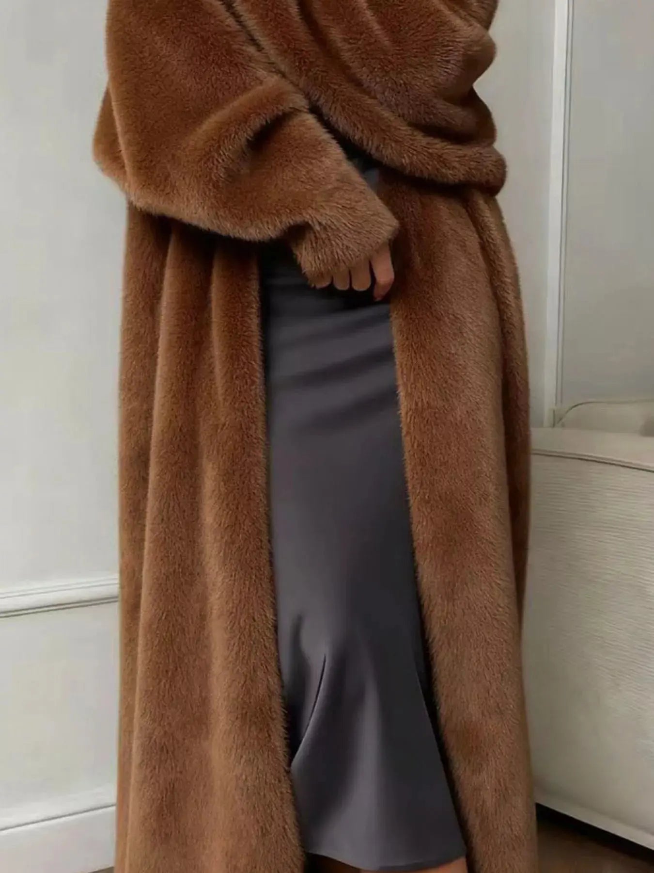 Brown Fuzzy Open Front Longline Cardigan For Women Warm Cozy Simply Love