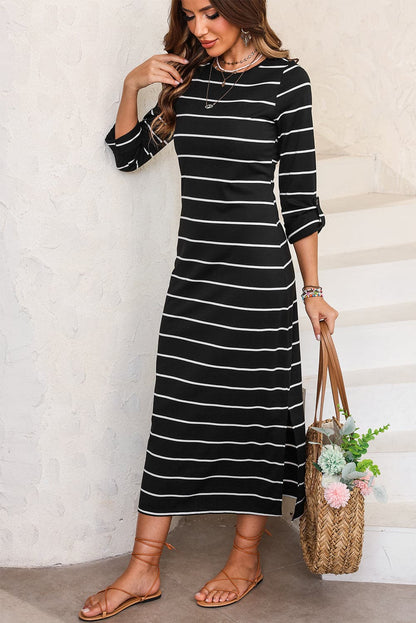 Slit Striped Round Neck Midi Dress.