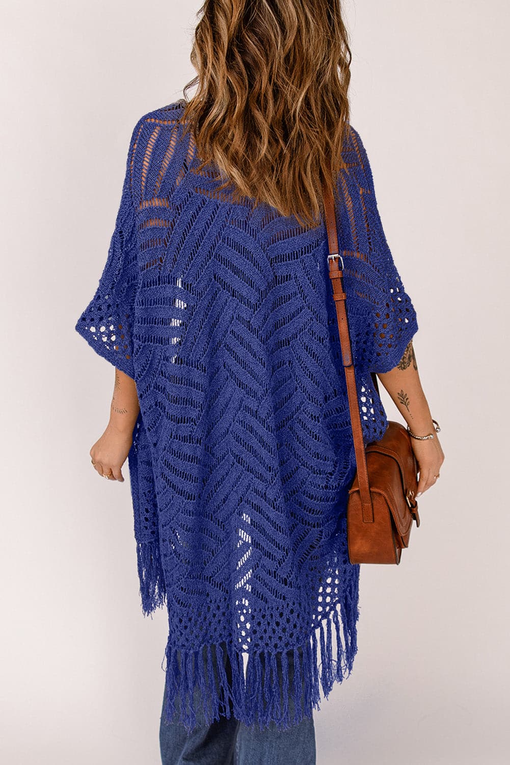 Openwork Open Front Cardigan with Fringes.