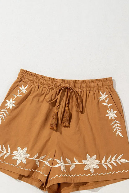 Embroidered Boho Tasseled Drawstring Elastic Waist Casual Shorts