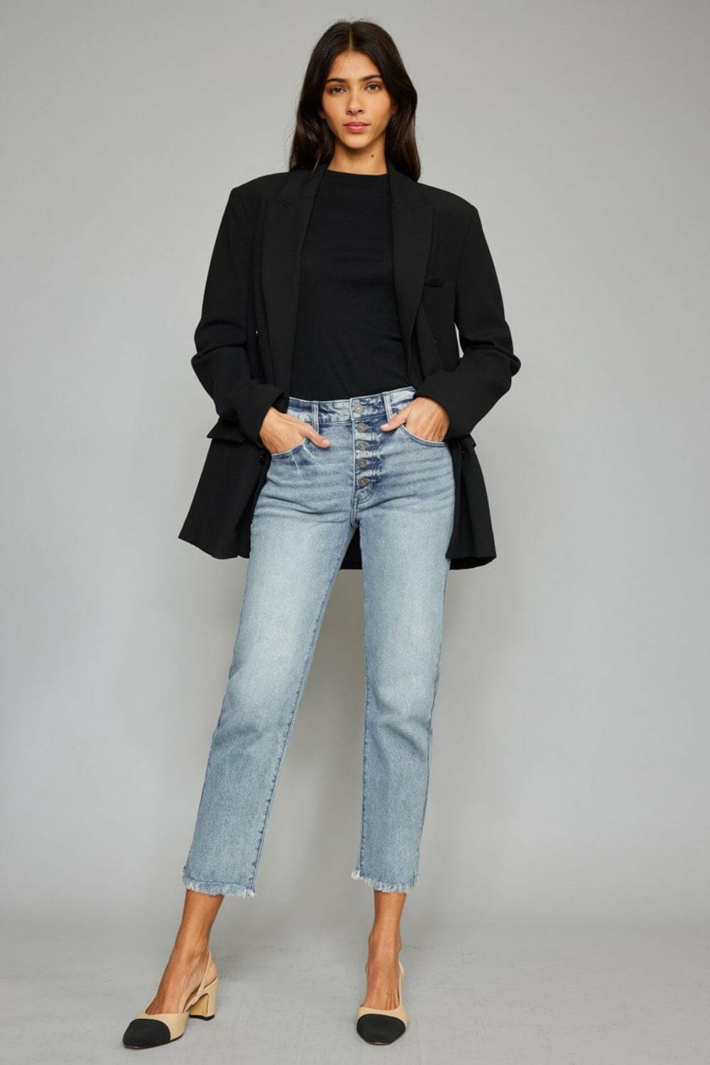 Kancan High Waist Button Fly Raw Hem Cropped Straight Jeans.