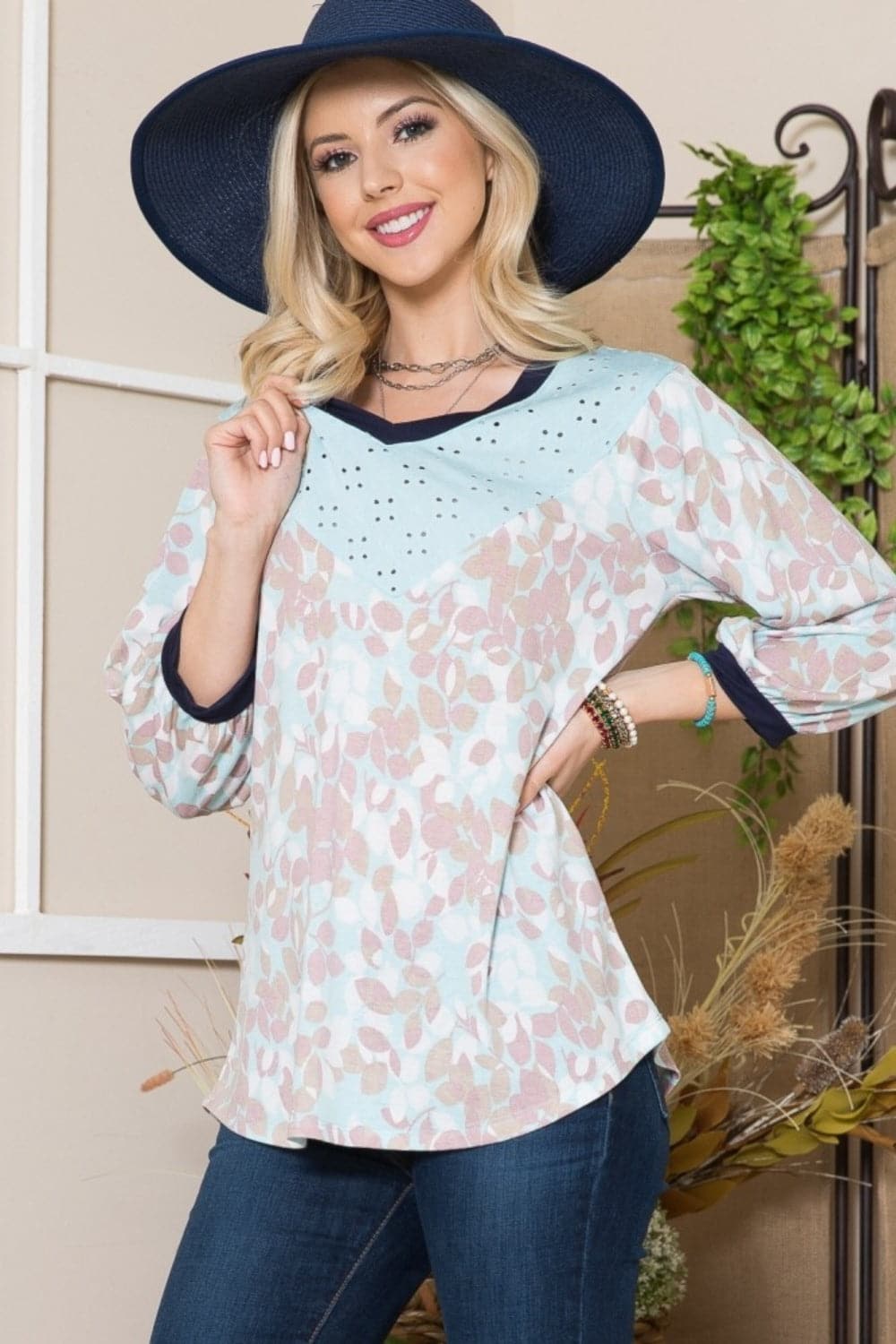 Celeste Full Size Leaf Print Contrast Trim Balloon Sleeve Top.