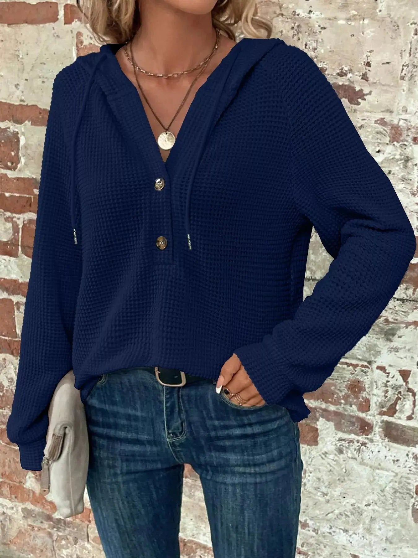 Waffle Knit Button Detail Hoodie Simply Love