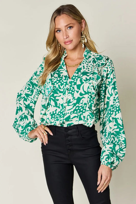 Double Take Full Size Printed Ruffle Trim Balloon Sleeve Shirt - Love Salve