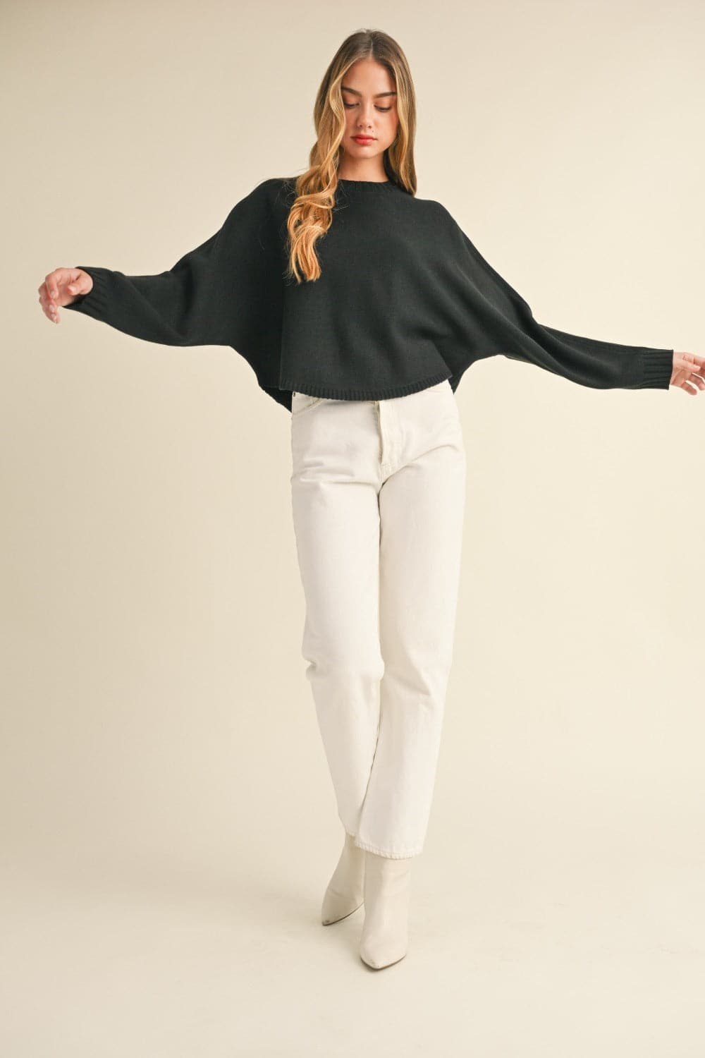 Chic dolman sleeve cropped knit sweater with round neck