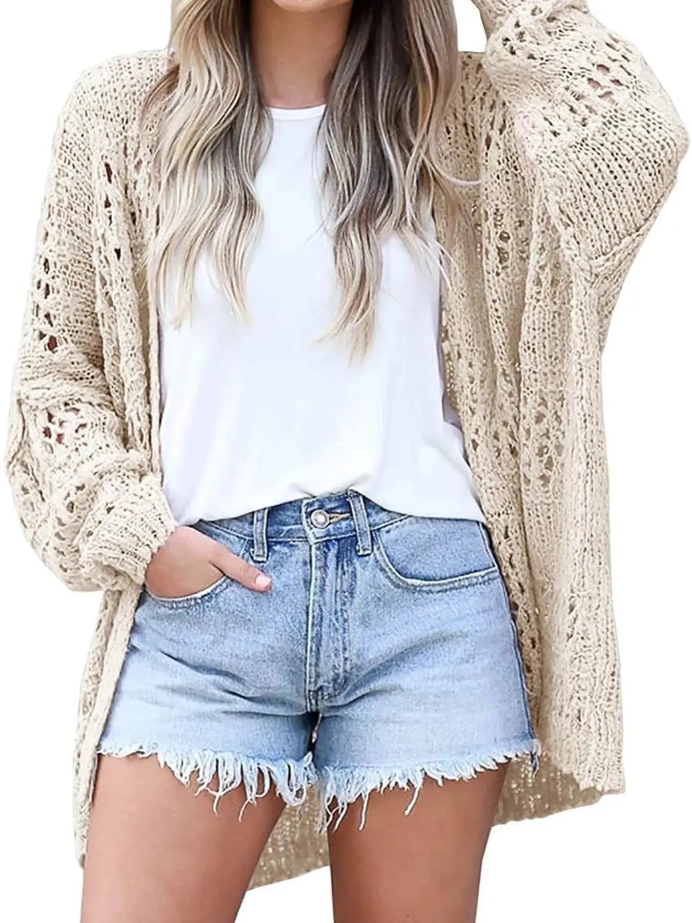 Full Size Openwork Open Front Lightweight Cardigan Plus Size Simply Love