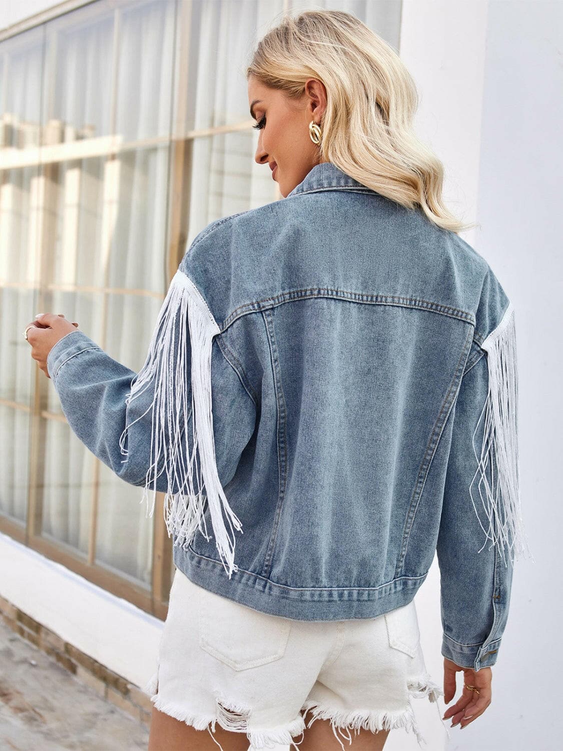 Tassel Accent Drop Sleeve Denim Jacket.