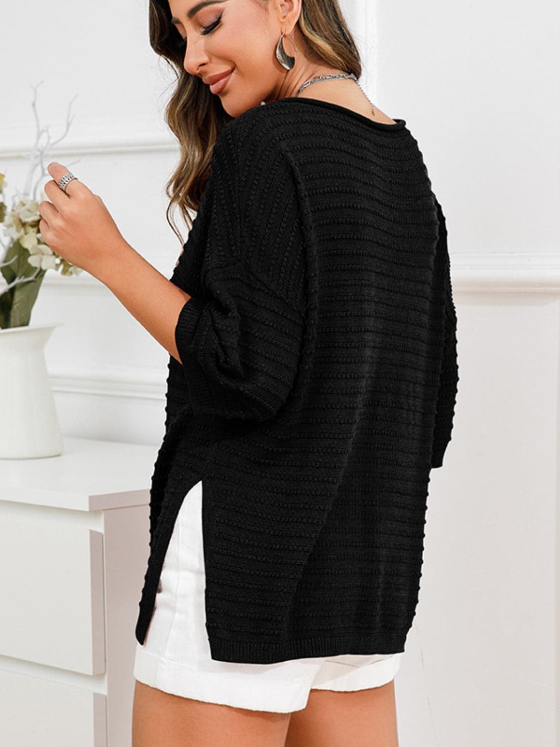 Rolled Round Neck Dropped Shoulder Slit Sweater.