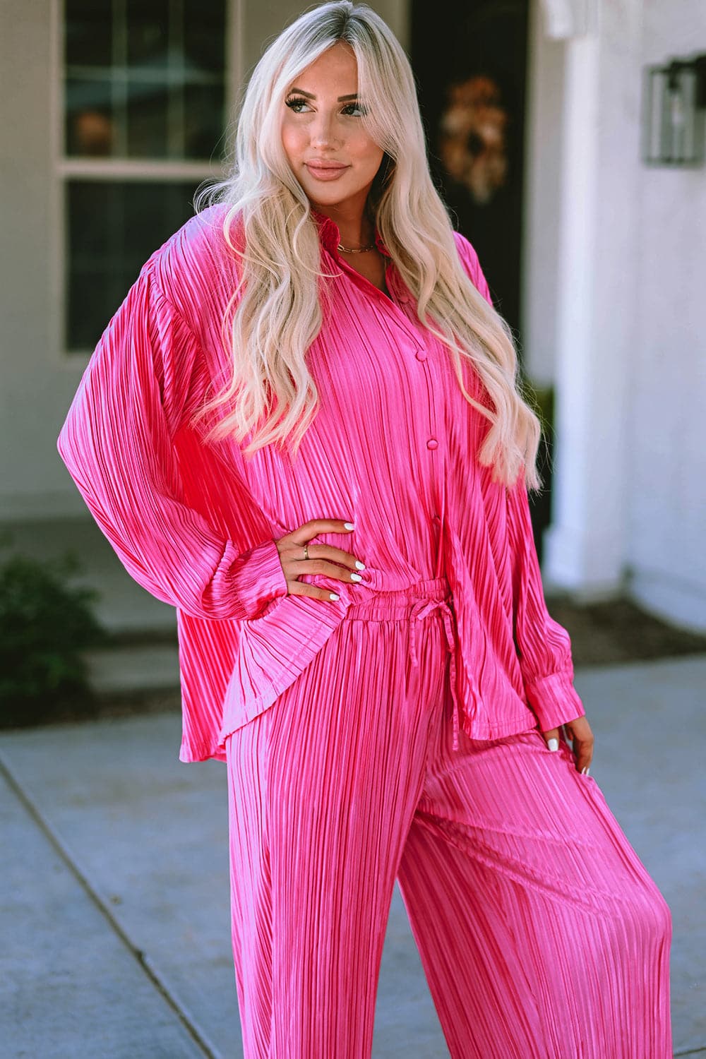 Pleated Button Up Shirt and Wide-Leg Pants Set.