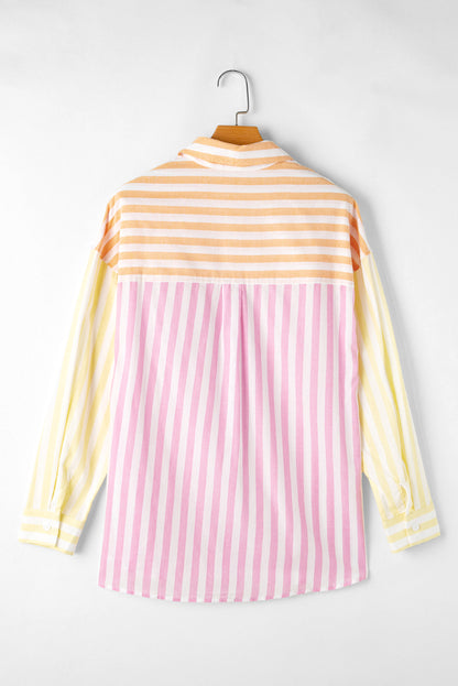 Pink striped patchwork shirt with contrast collar and long sleeves