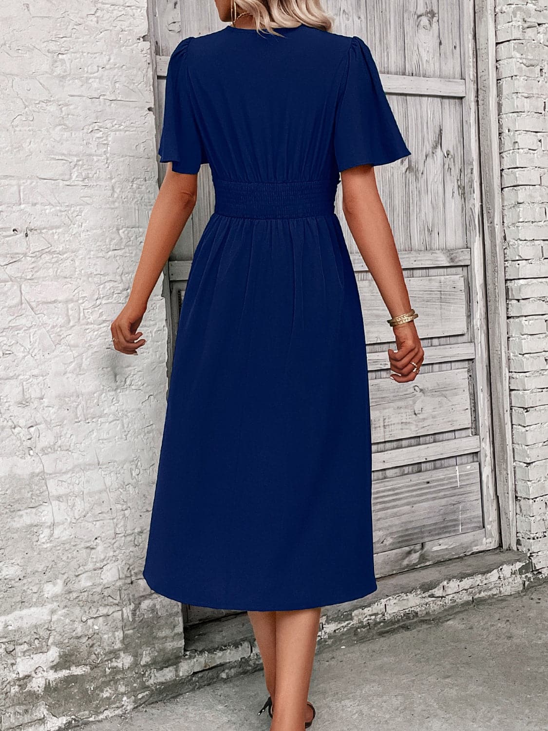 Surplice Flutter Sleeve Midi Dress.