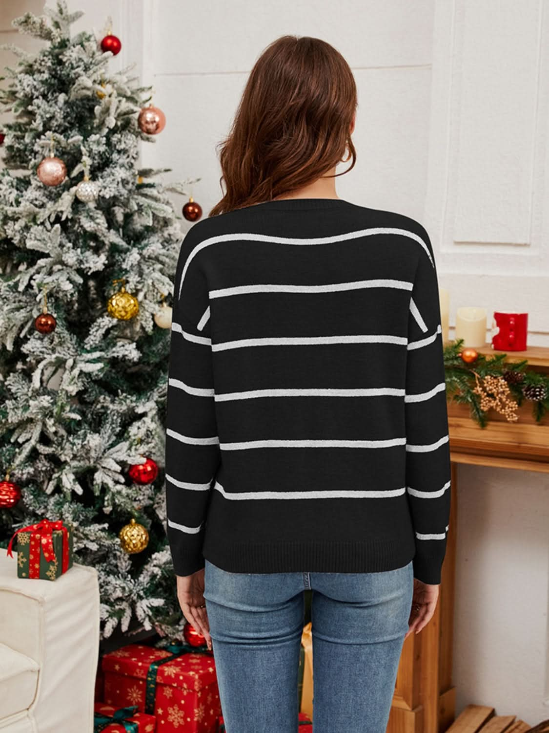 Sequin Santa Striped Round Neck Long Sleeve Sweater