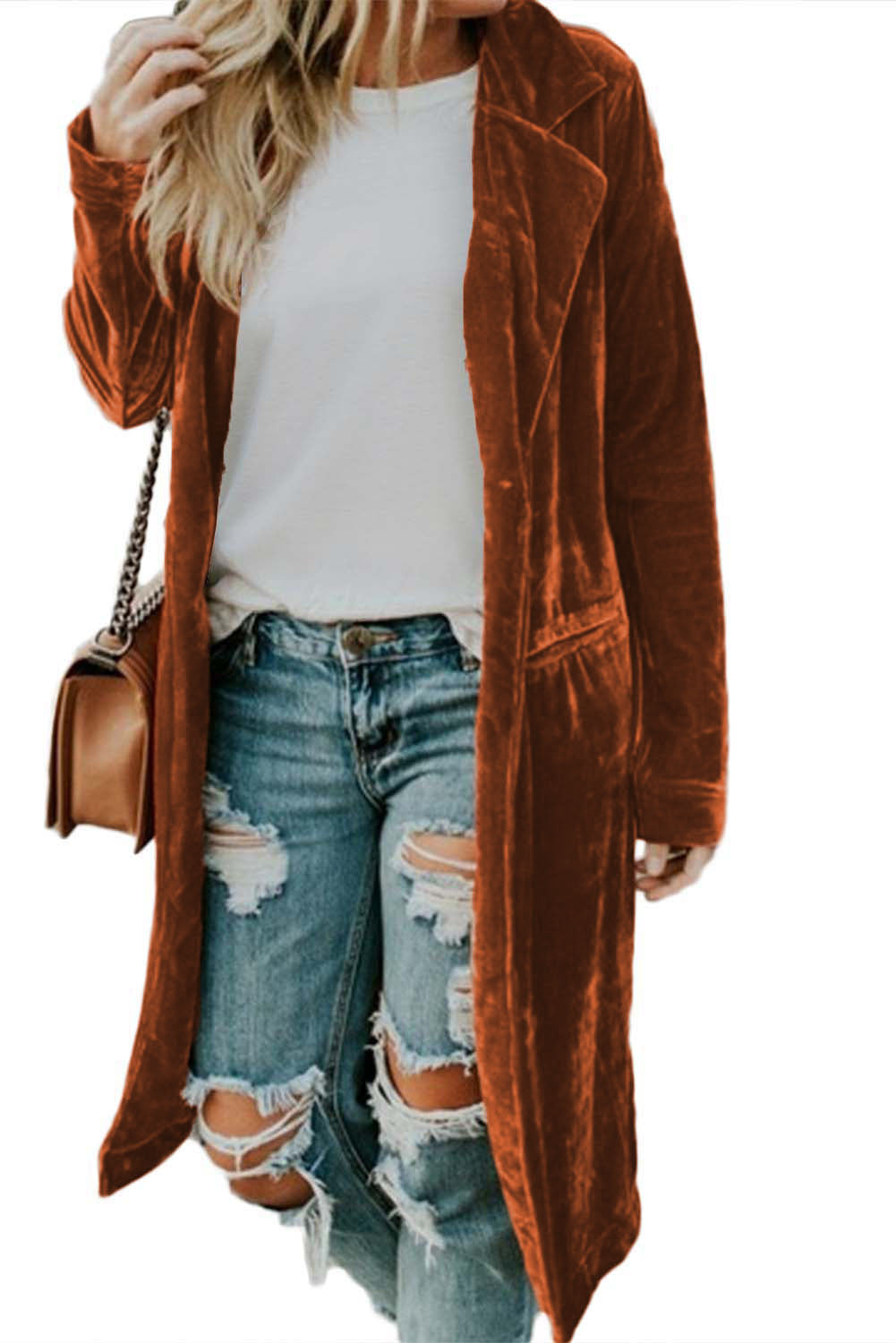 Chic brown velvet long sleeve coat with pockets