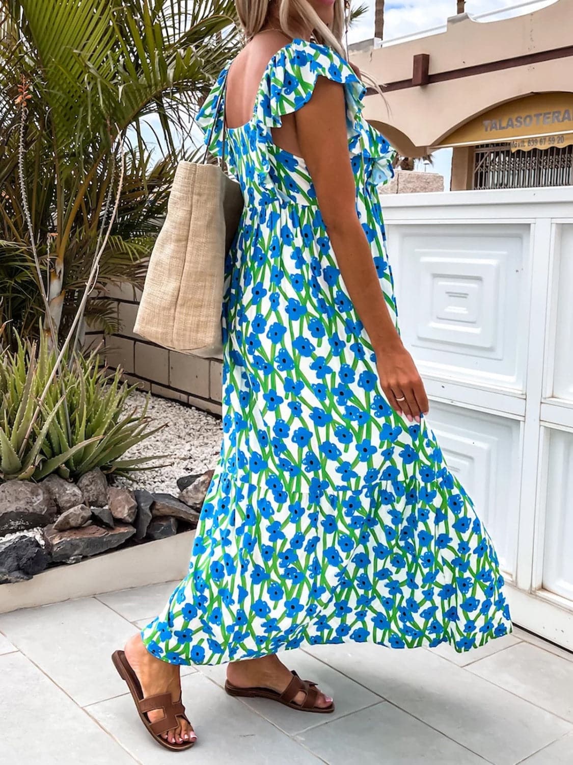 Ruffled Printed Cap Sleeve Midi Dress.