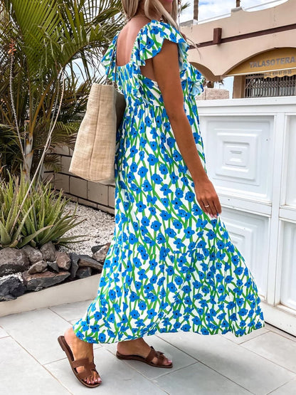 Ruffled Printed Cap Sleeve Midi Dress.