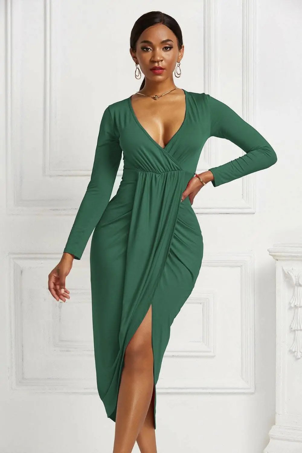 Elegant ruched surplice dress - Love Salve 