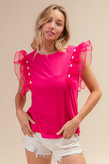 BiBi Pearl Decor Mesh Ruffle Sleeve Top.