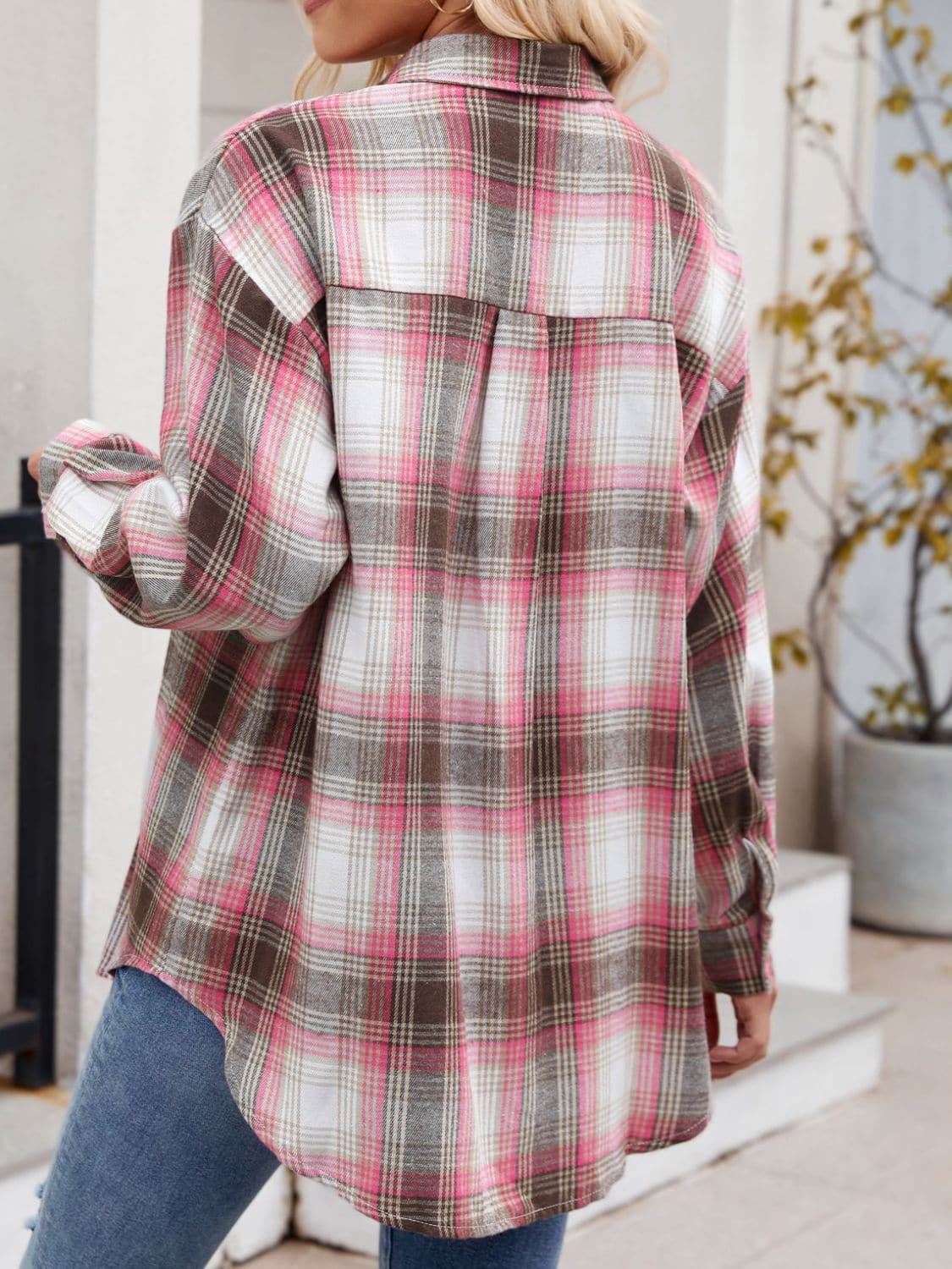 Plaid Collared Neck Long Sleeve Shirt.