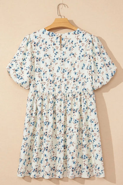 Floral Puff Short Sleeve Empire Waist Mini Dress