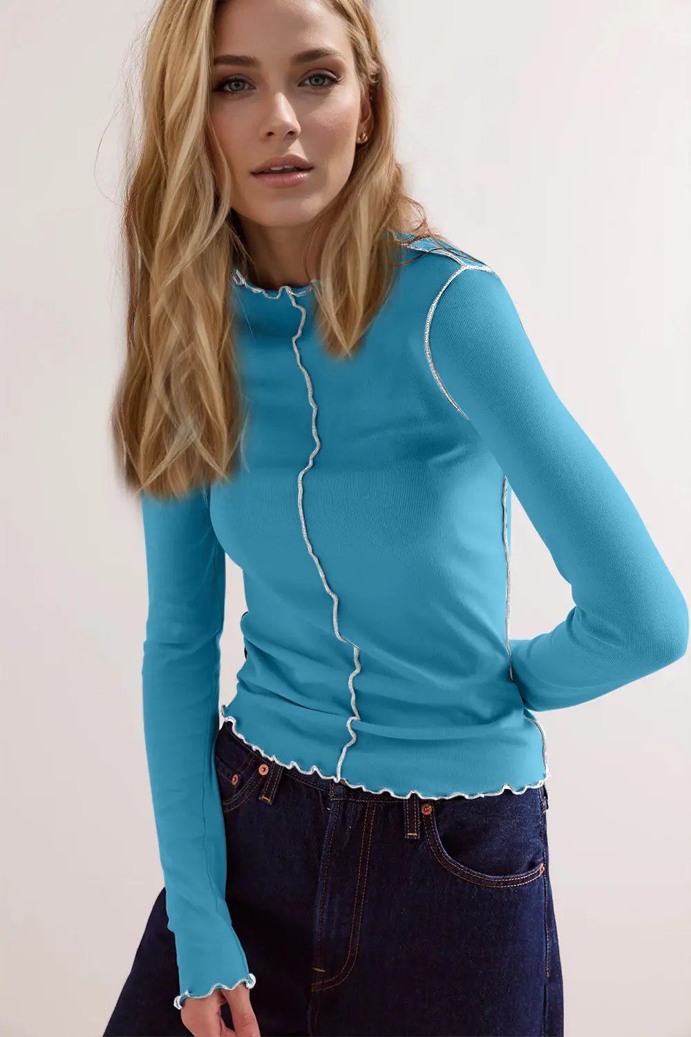 Basic Bae Contrast Trim Mock Neck Long Sleeve T-Shirt - Love Salve